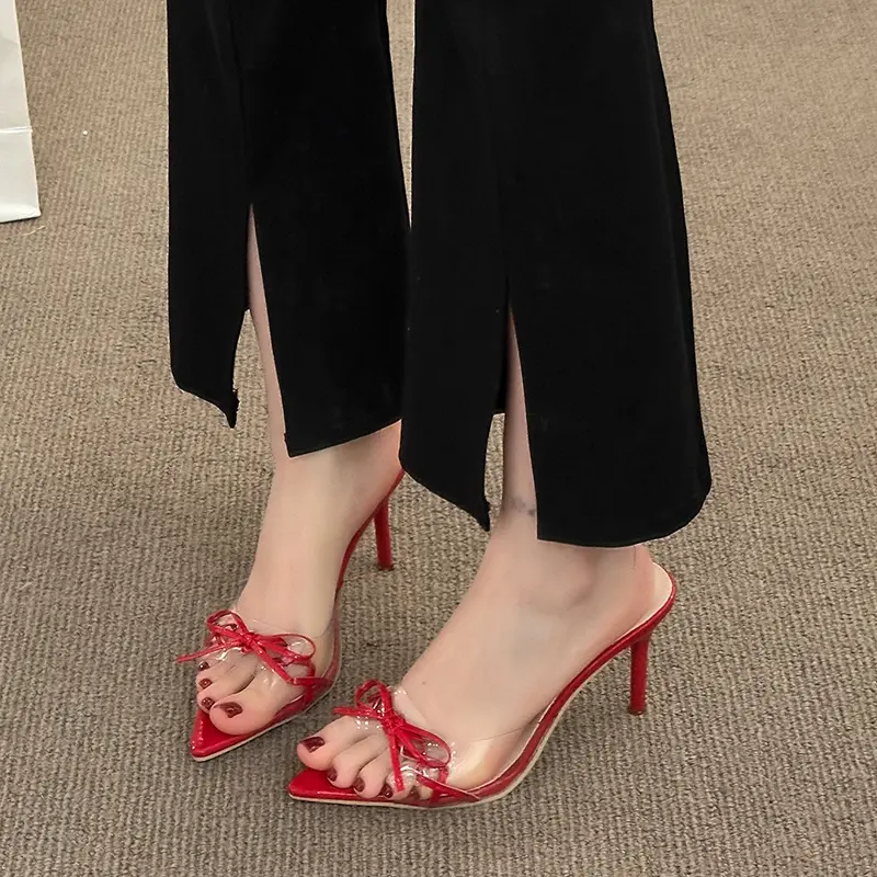 Temperament Heel Shoes Women Fashion Pointed Open Toe Chemical Fiber Transparent Ribbon Butterfly Knot Non-slip Slippers