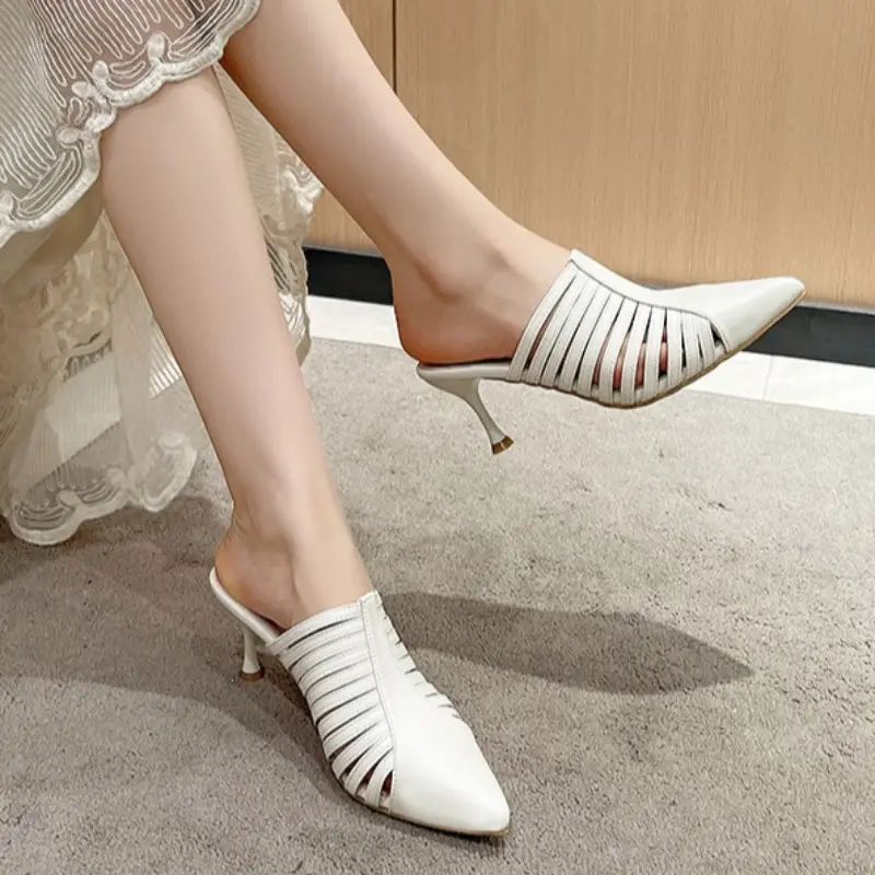 Baotou Fine Heel Slippers Women's Spring and Summer Wear Fashion and Versatile Pointed Toe Woven Hollow High Heels