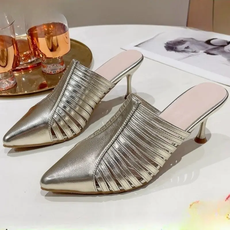Baotou Fine Heel Slippers Women's Spring and Summer Wear Fashion and Versatile Pointed Toe Woven Hollow High Heels