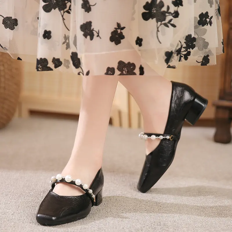 Women's Fashion Square Heel Shoes Spring New Square Head Shallow Mouth Beaded Soft Sole Non-slip Low Top Shoes