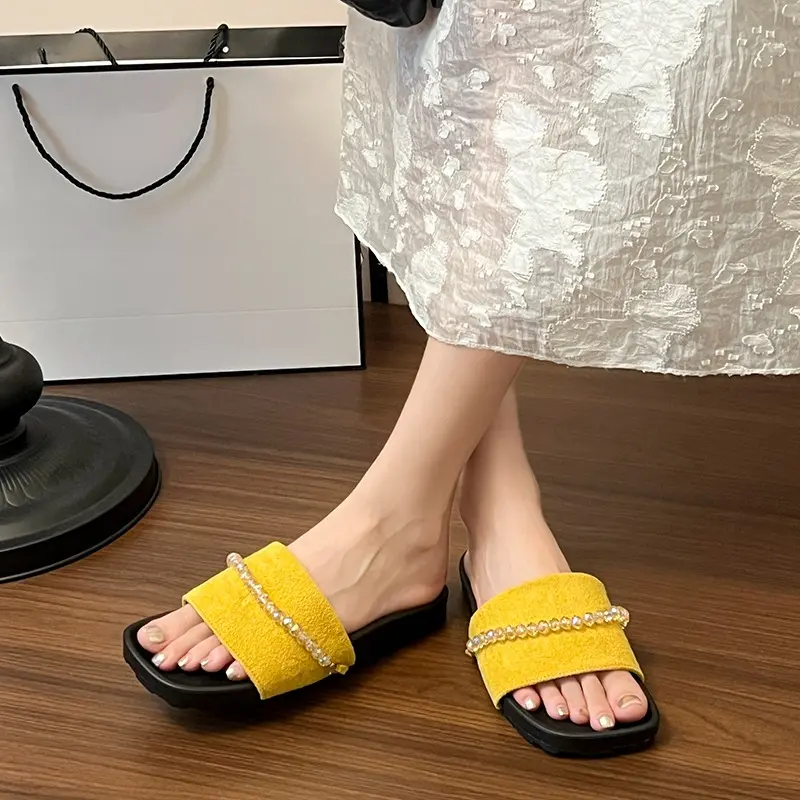 Soft-soled Non-slip Flat Slippers New Summer Square Head Open Toe Suede Rhinestones One-strap Non-slip Wear-resistant Sandals