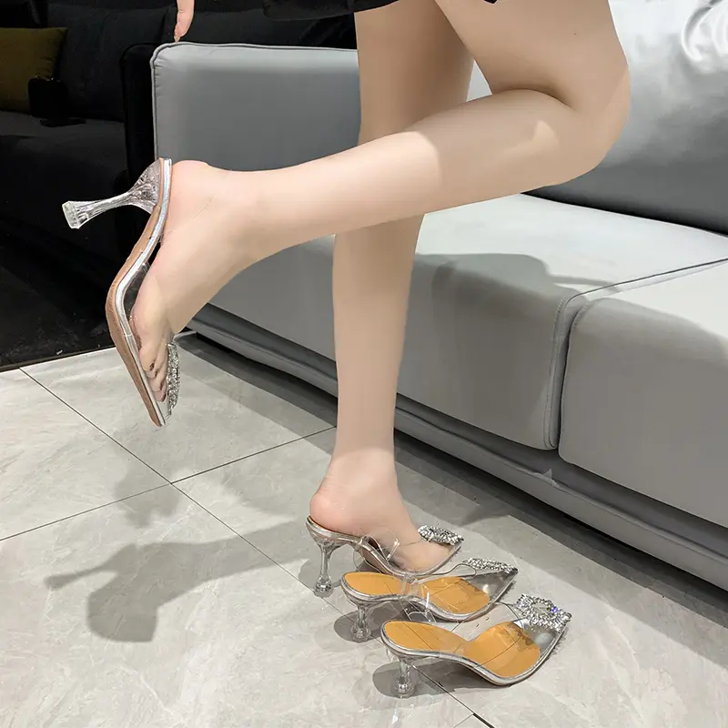 New Summer Stiletto Sandals Women's Fashion Pointy Pointy Shallow-cut Sequin Slip-off Anti-slip Wear-resistant High Heels