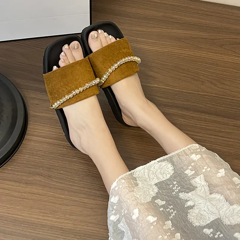 Soft-soled Non-slip Flat Slippers New Summer Square Head Open Toe Suede Rhinestones One-strap Non-slip Wear-resistant Sandals