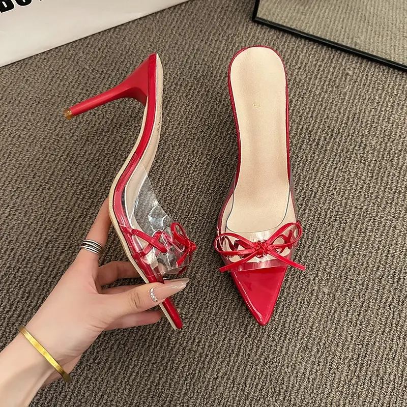 Temperament Heel Shoes Women Fashion Pointed Open Toe Chemical Fiber Transparent Ribbon Butterfly Knot Non-slip Slippers