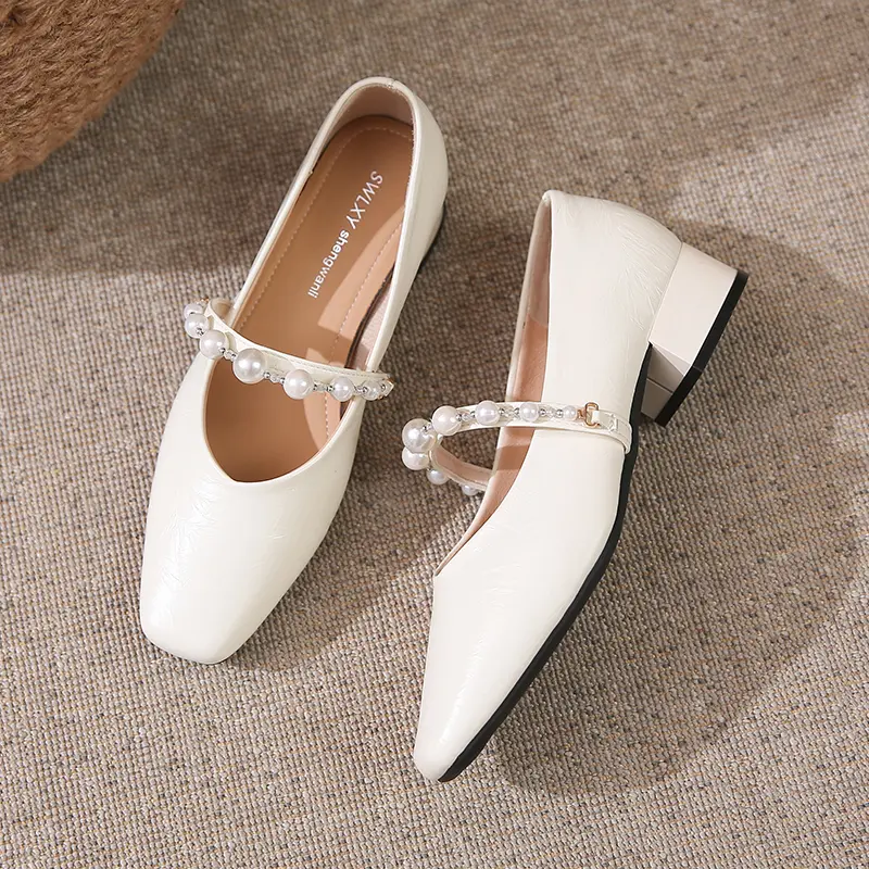 Women's Fashion Square Heel Shoes Spring New Square Head Shallow Mouth Beaded Soft Sole Non-slip Low Top Shoes