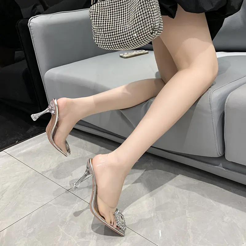 New Summer Stiletto Sandals Women's Fashion Pointy Pointy Shallow-cut Sequin Slip-off Anti-slip Wear-resistant High Heels
