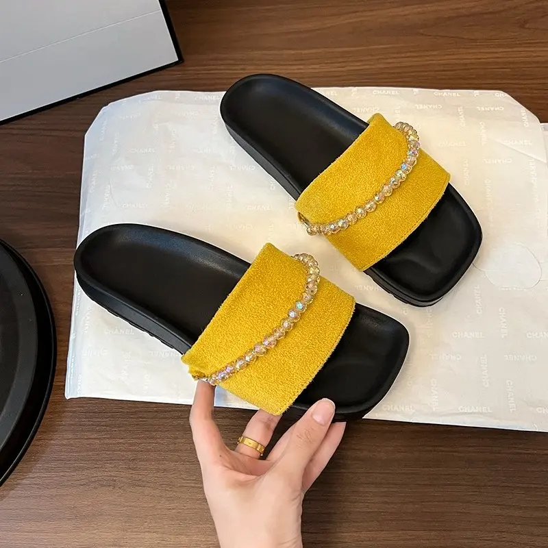 Soft-soled Non-slip Flat Slippers New Summer Square Head Open Toe Suede Rhinestones One-strap Non-slip Wear-resistant Sandals