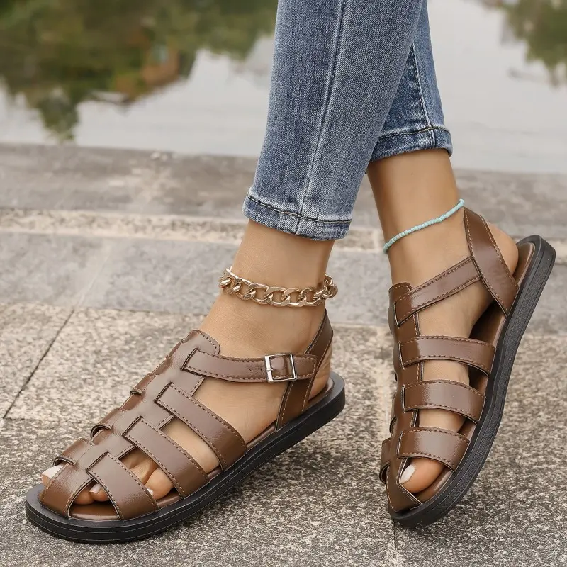 Women's Fashion Sandals Summer New Round Head Baotou Hollow Metal Buckle Soft Sole Non-slip Flat Shoes