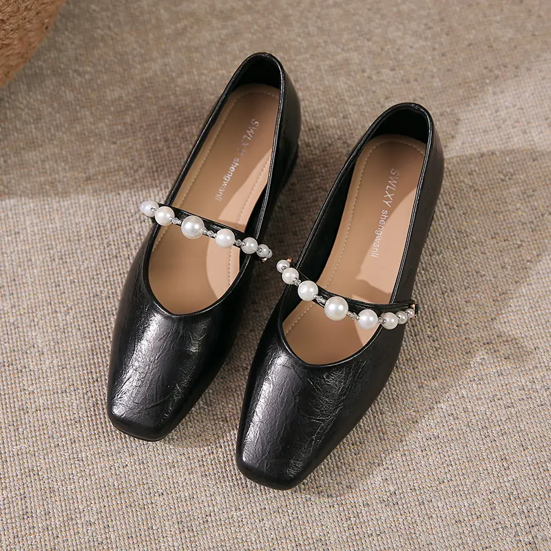 Women's Fashion Square Heel Shoes Spring New Square Head Shallow Mouth Beaded Soft Sole Non-slip Low Top Shoes