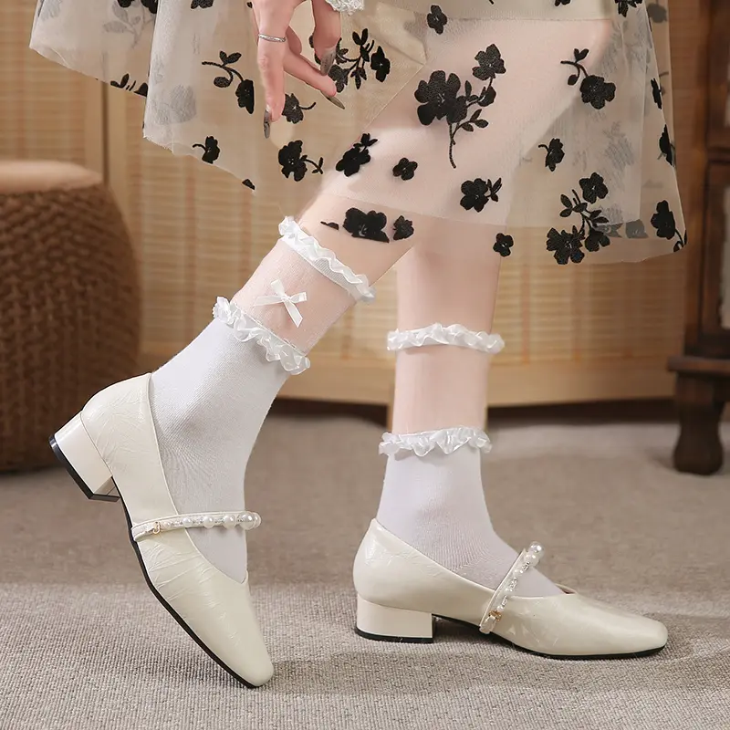 Women's Fashion Square Heel Shoes Spring New Square Head Shallow Mouth Beaded Soft Sole Non-slip Low Top Shoes