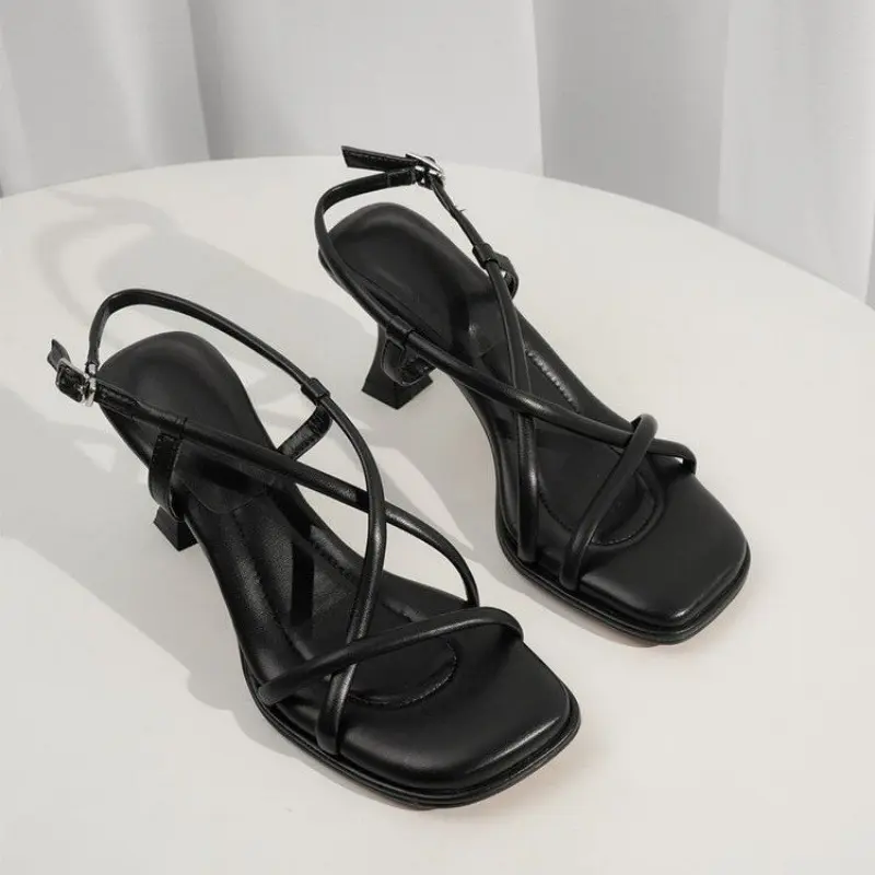 New Summer Stiletto Sandals Women's Square Head Open Toe Cross Thin Strap Soft Sole Anti-slip Wear-resistant High Heels