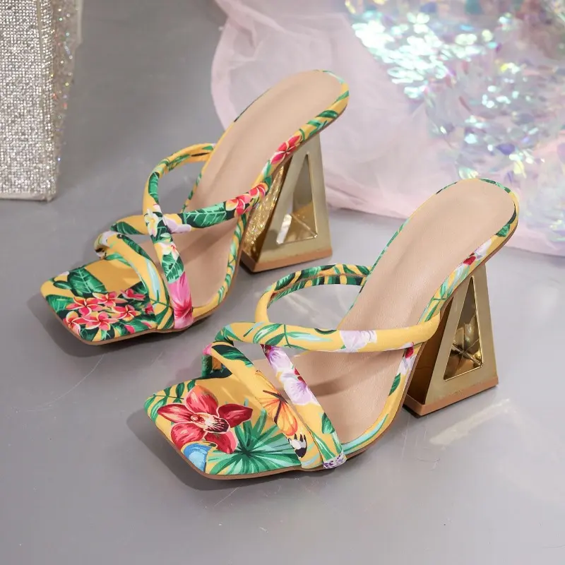 Plus Size Statement Sandals Women's Summer New Square Toe Open Toe Fish Mouth Shaped Heel Printed Non-slip High Heels