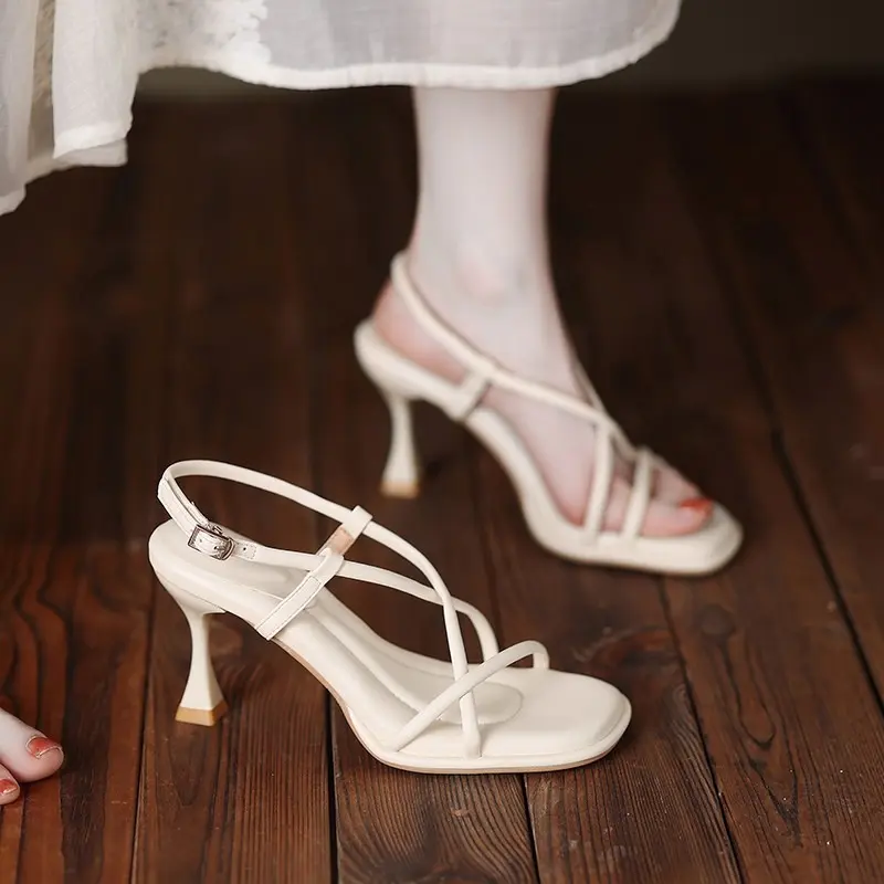New Summer Stiletto Sandals Women's Square Head Open Toe Cross Thin Strap Soft Sole Anti-slip Wear-resistant High Heels