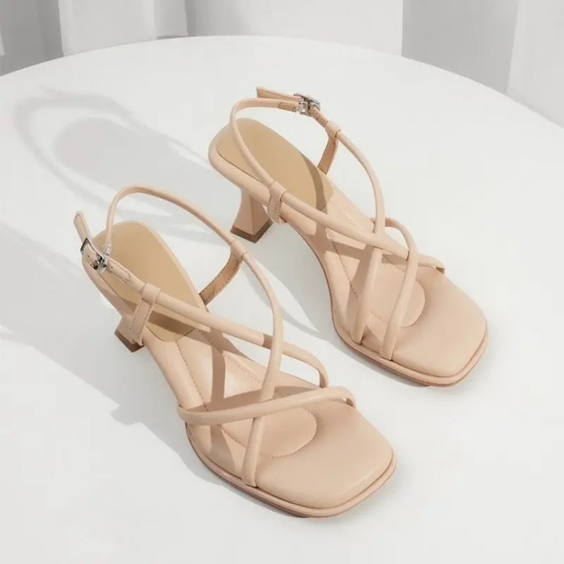 New Summer Stiletto Sandals Women's Square Head Open Toe Cross Thin Strap Soft Sole Anti-slip Wear-resistant High Heels
