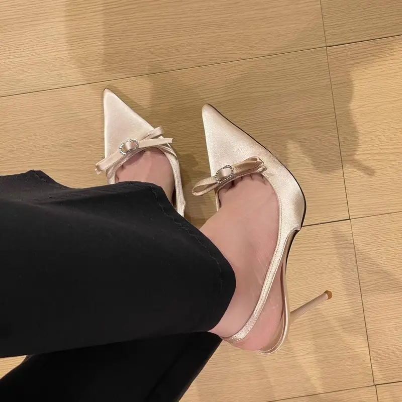 Women's Fashion Baotou Sandals Spring New Pointed Head Shallow Mouth Butterfly Knot Anti-slip Wear-resistant High Heels