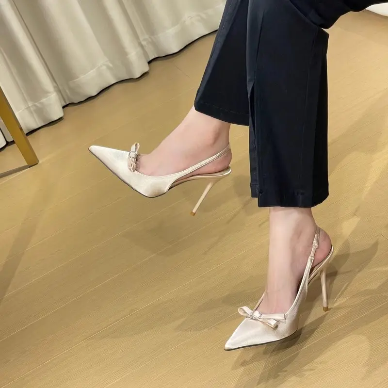 Women's Fashion Baotou Sandals Spring New Pointed Head Shallow Mouth Butterfly Knot Anti-slip Wear-resistant High Heels