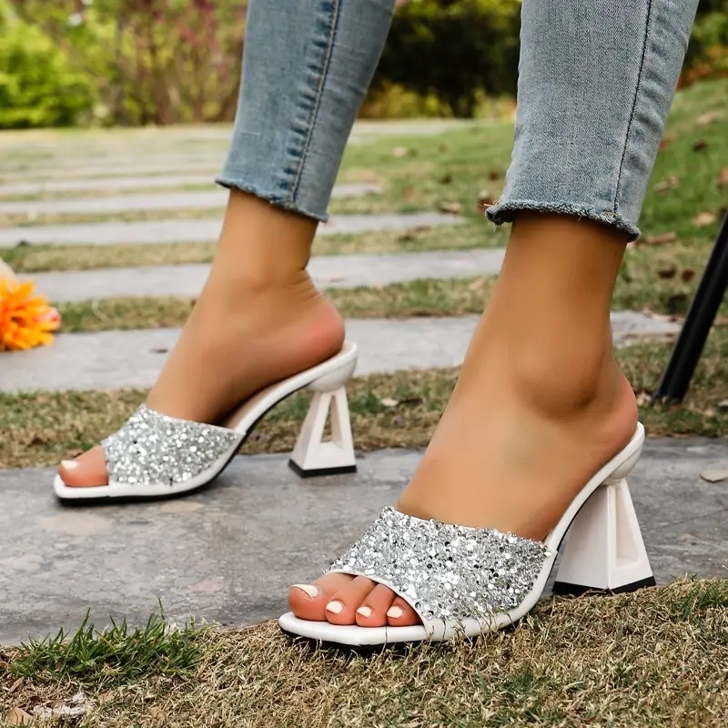Women's Square Toe One Word Open Toe High Heel Cool Summer New Patent Leather Sequin Rhinestone Shaped Heel Sandals