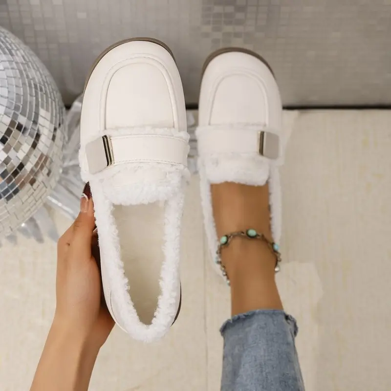 Women's Flat Shoes Winter New Round Head Deep Mouth Metal Buckle Thick Soft Sole Non-slip Cotton Shoes