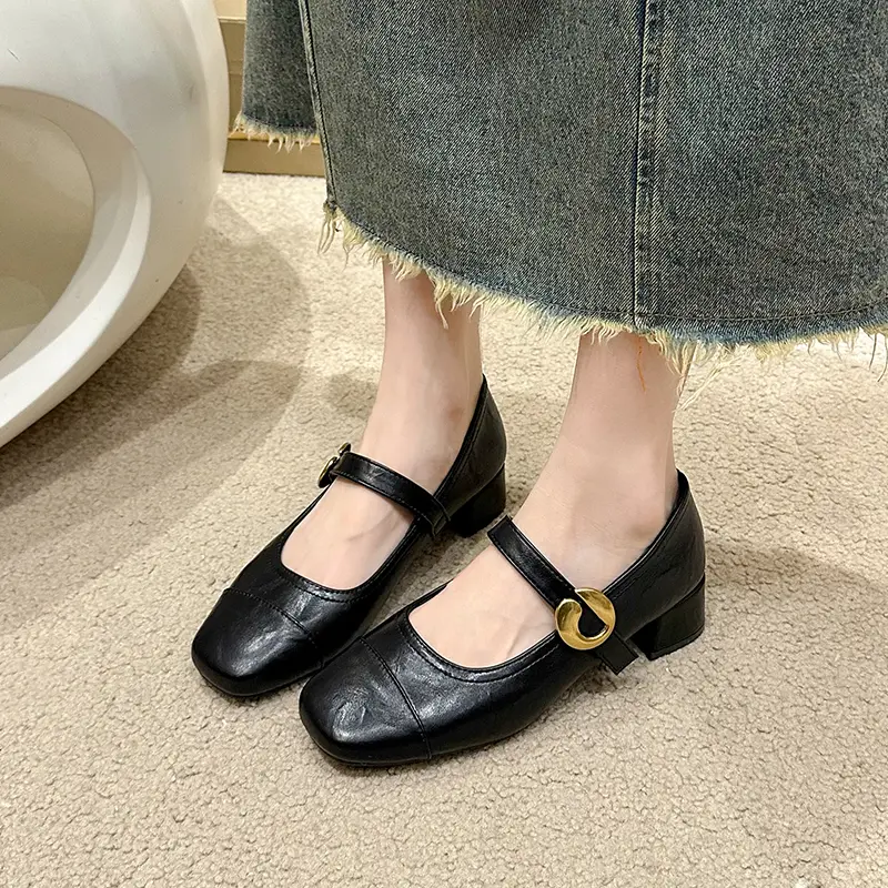 Women's Coarse Heel Shoes Spring New Square Head Shallow Mouth Metal Buckle Anti-slip Wear-resistant Low-top Shoes