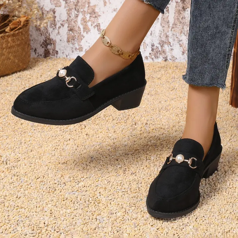 Women's Fashion Coarse Heel Shoes Autumn New Round Head Deep Mouth Pearl Suede Anti-slip Wear-resistant Low-top Shoes