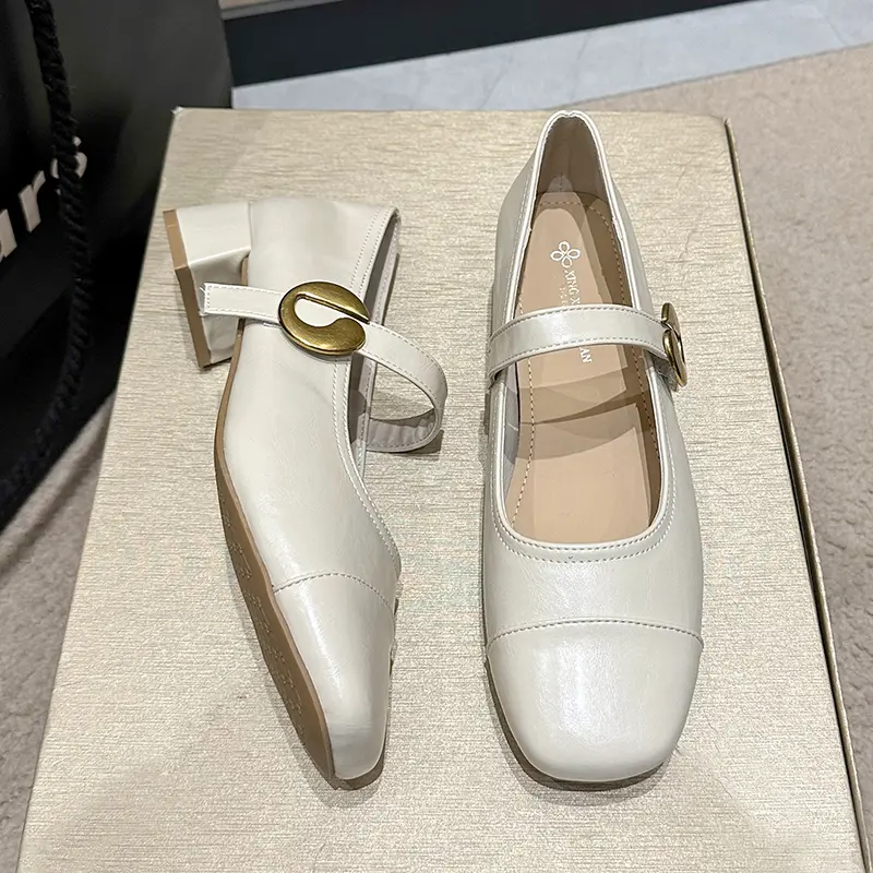Women's Coarse Heel Shoes Spring New Square Head Shallow Mouth Metal Buckle Anti-slip Wear-resistant Low-top Shoes