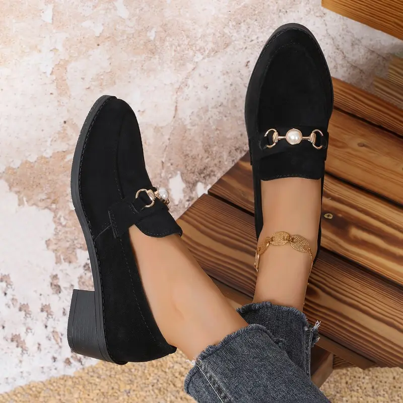 Women's Fashion Coarse Heel Shoes Autumn New Round Head Deep Mouth Pearl Suede Anti-slip Wear-resistant Low-top Shoes