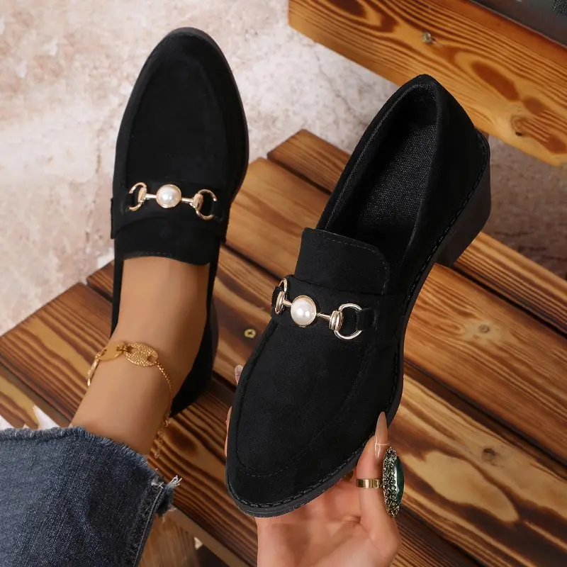 Women's Fashion Coarse Heel Shoes Autumn New Round Head Deep Mouth Pearl Suede Anti-slip Wear-resistant Low-top Shoes