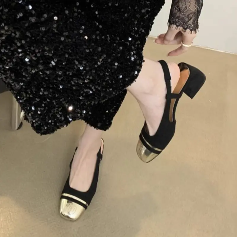 Spring New Baotou Sandals Women's Fashion Square Head Shallow Mouth Splicing Anti-slip Wear-resistant Thick Heel Shoes