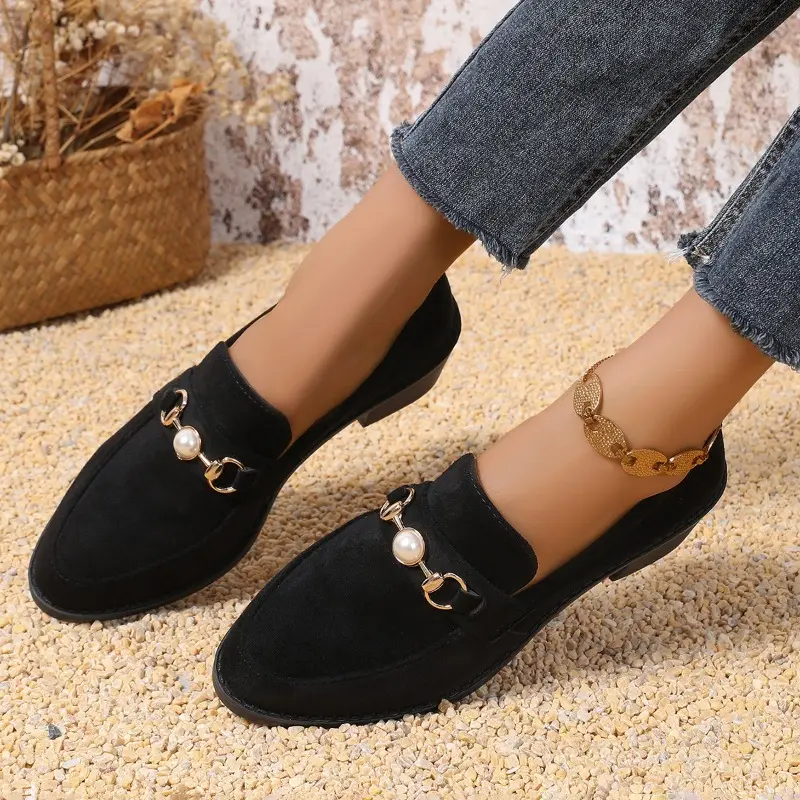 Women's Fashion Coarse Heel Shoes Autumn New Round Head Deep Mouth Pearl Suede Anti-slip Wear-resistant Low-top Shoes