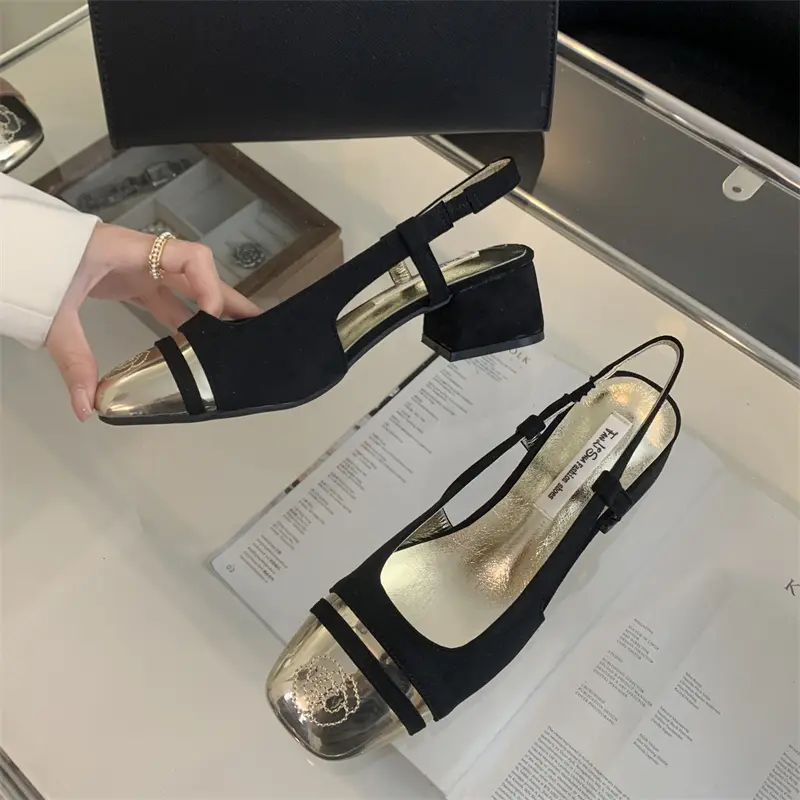 Spring New Baotou Sandals Women's Fashion Square Head Shallow Mouth Splicing Anti-slip Wear-resistant Thick Heel Shoes