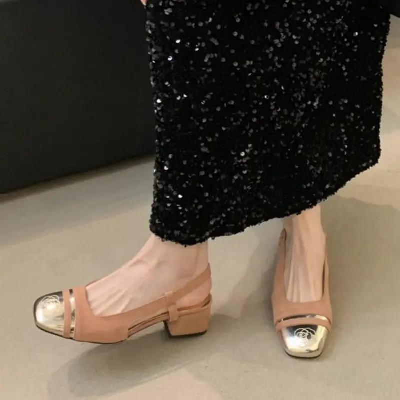 Spring New Baotou Sandals Women's Fashion Square Head Shallow Mouth Splicing Anti-slip Wear-resistant Thick Heel Shoes