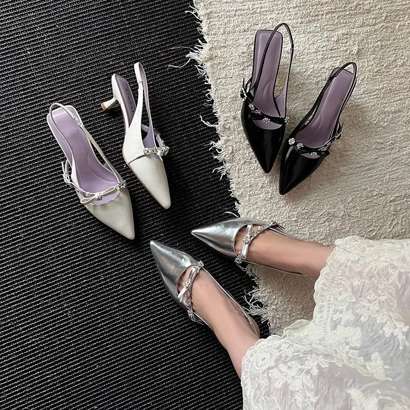 Fashion Pointed Toe Stiletto Sandals Women's Wrapped Toe Shallow Mouth Metal Buckle Bow Slip Strap Non-Slip Kitten Heel Shoes