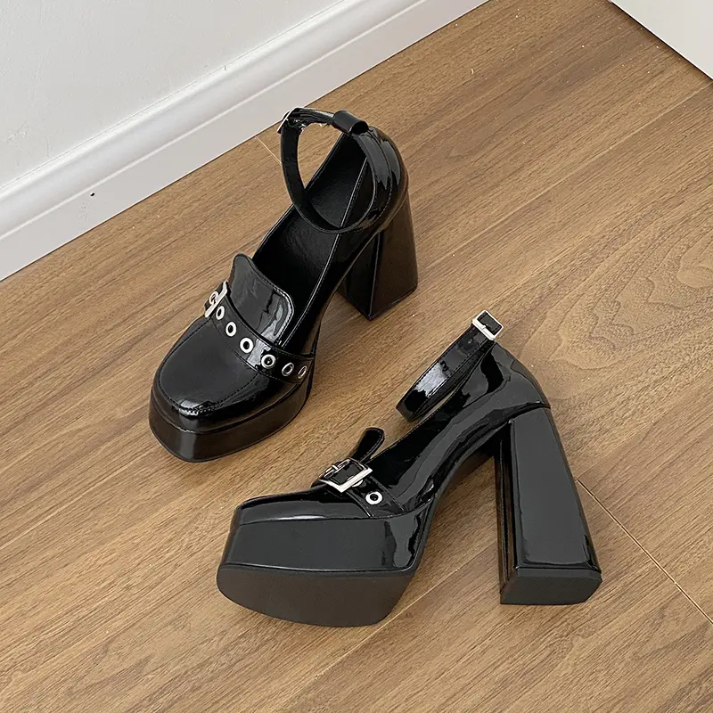 Women's Thick Heel Shoes Autumn New Round Head Shallow Mouth Rivets Metal Buckle Thick Sole Non-slip Super High Heels