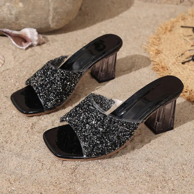 Square Slippers Summer New Square Head Open Toe Glitter Set Foot Anti-slip Wear-resistant High-heeled Sandals