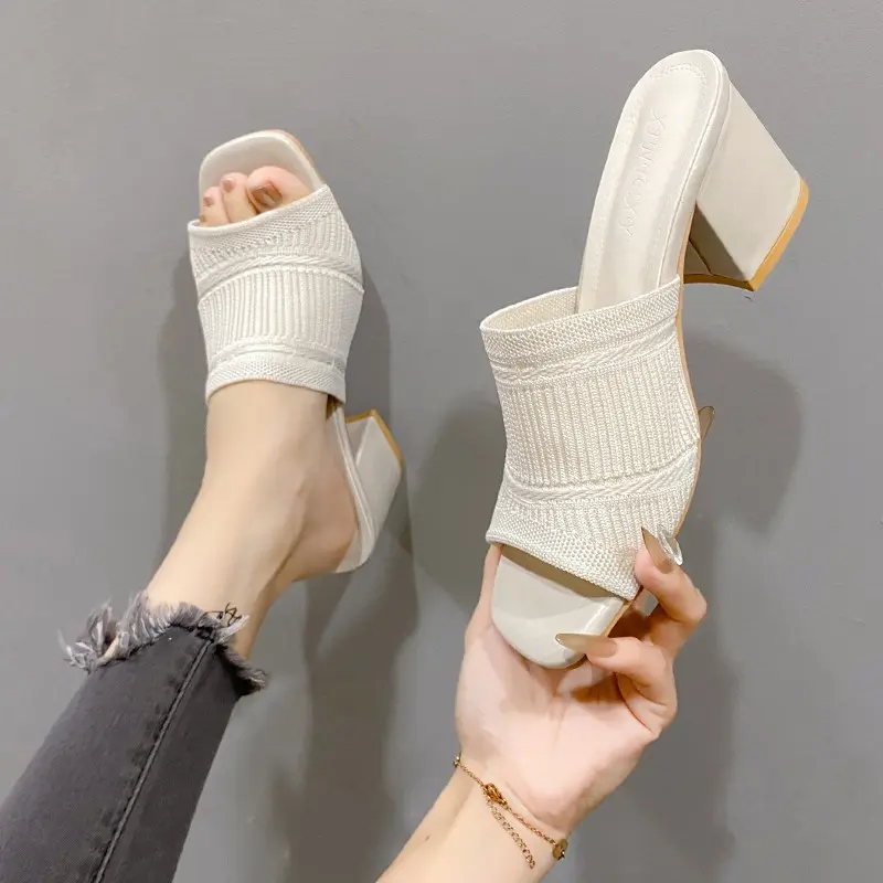 Summer New Coarse Slippers Women's Square Head Shallow Mouth Mesh Cloth Breathable Open Toe Non-slip Sandals