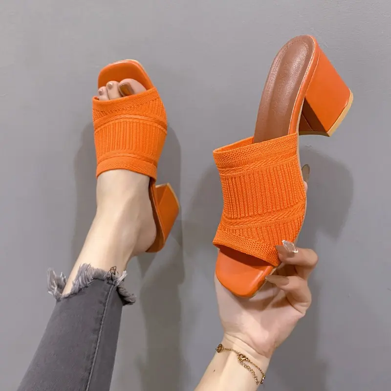Summer New Coarse Slippers Women's Square Head Shallow Mouth Mesh Cloth Breathable Open Toe Non-slip Sandals
