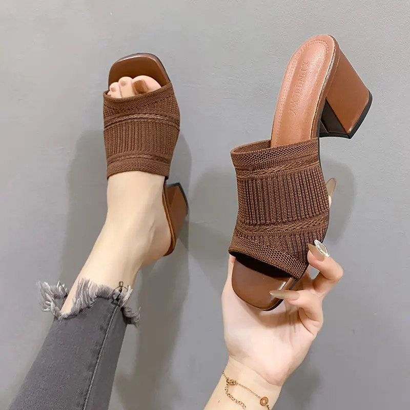 Summer New Coarse Slippers Women's Square Head Shallow Mouth Mesh Cloth Breathable Open Toe Non-slip Sandals