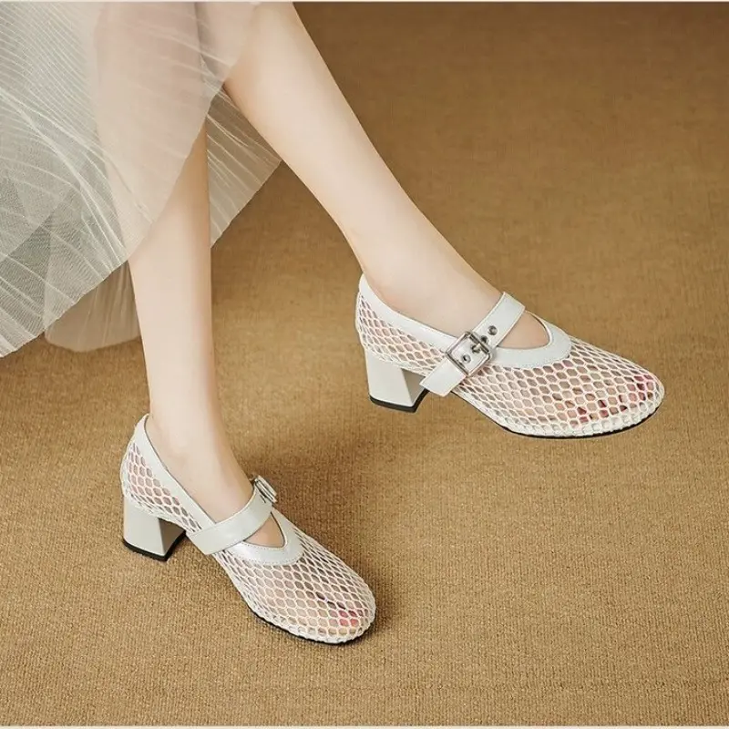 Mesh Mary Jane Single Shoe Women's Summer New Round Head Line with Hollow Mesh High-heeled Sandals