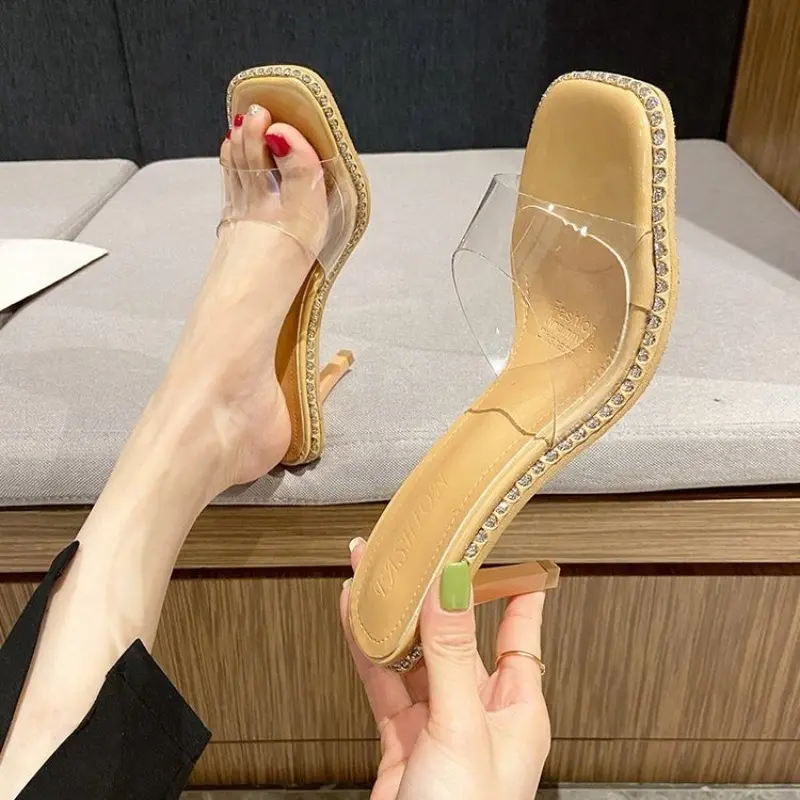 Transparent strap stiletto slippers summer new square head open toe non-slip wear-resistant high heels