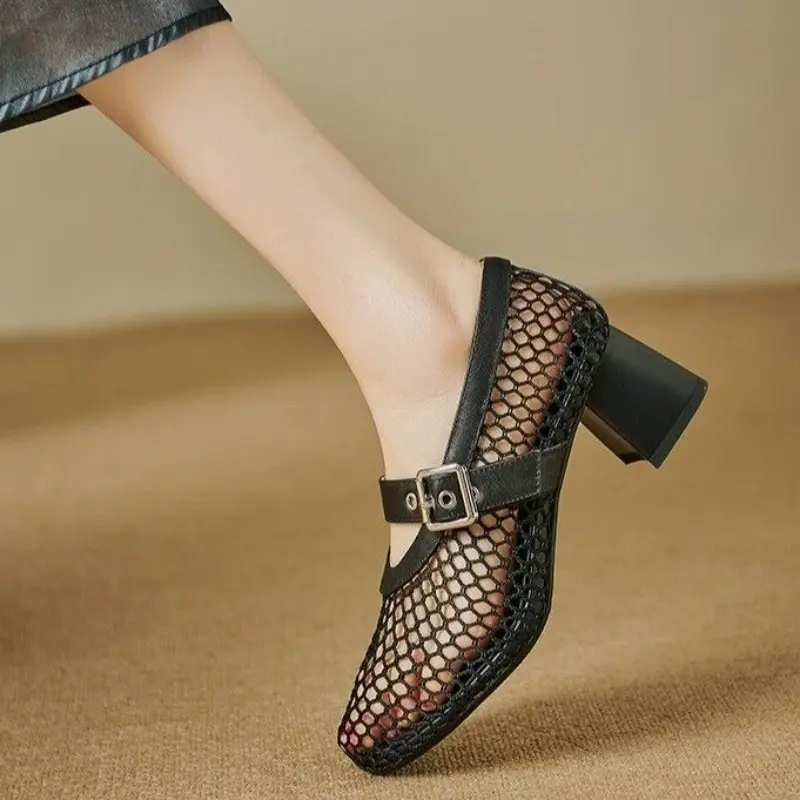 Mesh Mary Jane Single Shoe Women's Summer New Round Head Line with Hollow Mesh High-heeled Sandals