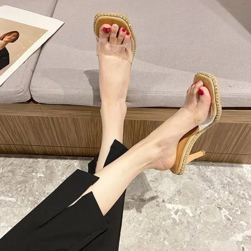 Transparent strap stiletto slippers summer new square head open toe non-slip wear-resistant high heels