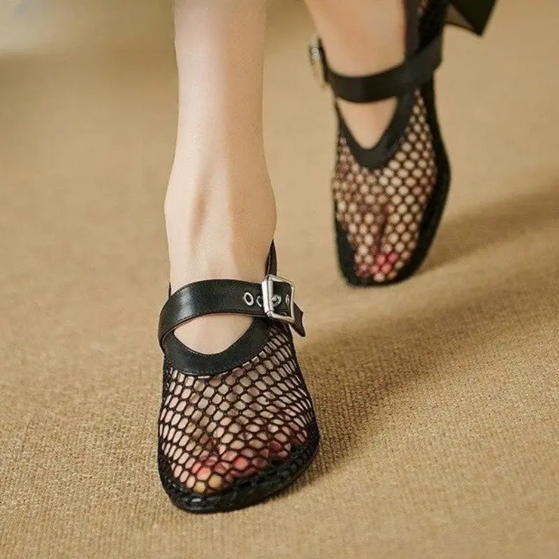 Mesh Mary Jane Single Shoe Women's Summer New Round Head Line with Hollow Mesh High-heeled Sandals