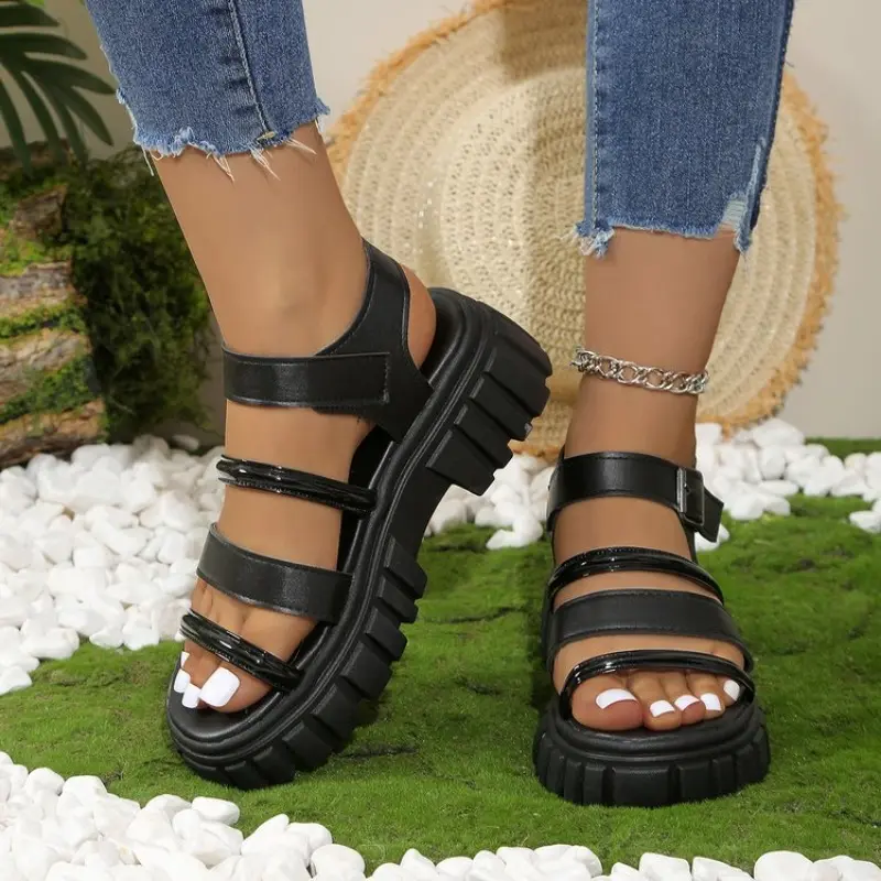 Women's platform sandals summer new round head thin band open toe increase casual flat beach shoes