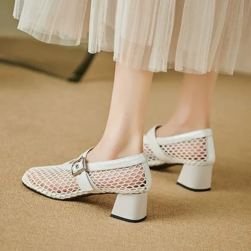 Mesh Mary Jane Single Shoe Women's Summer New Round Head Line with Hollow Mesh High-heeled Sandals