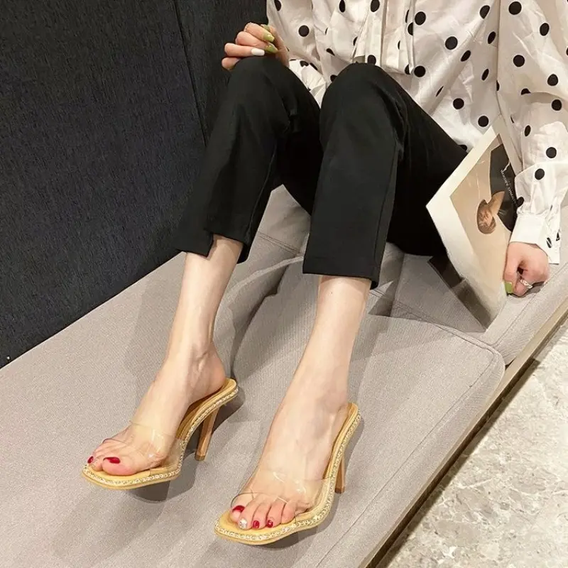 Transparent strap stiletto slippers summer new square head open toe non-slip wear-resistant high heels
