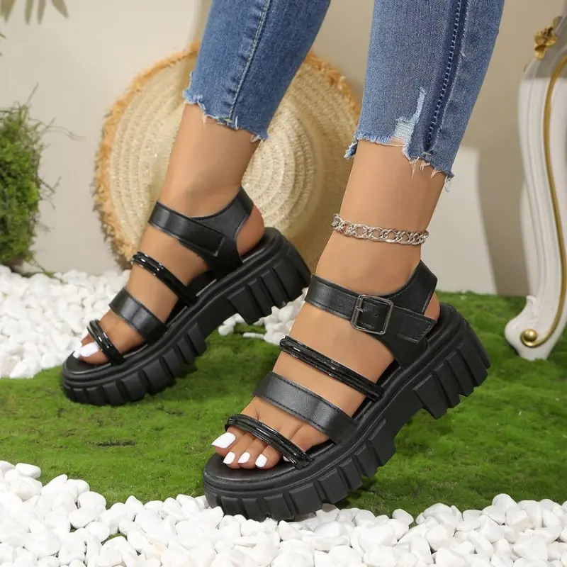 Women's platform sandals summer new round head thin band open toe increase casual flat beach shoes
