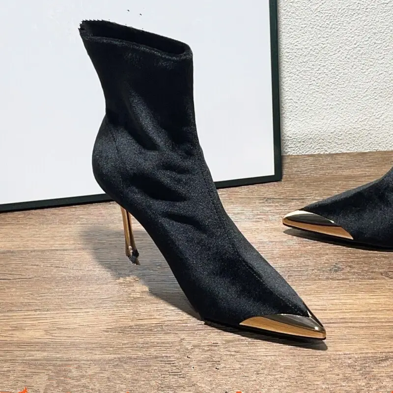 Stretch Boots Autumn New Metallic Pointed Toe Suede Cover Foot Non-Slip Wear-Resistant Slim Follower Boots