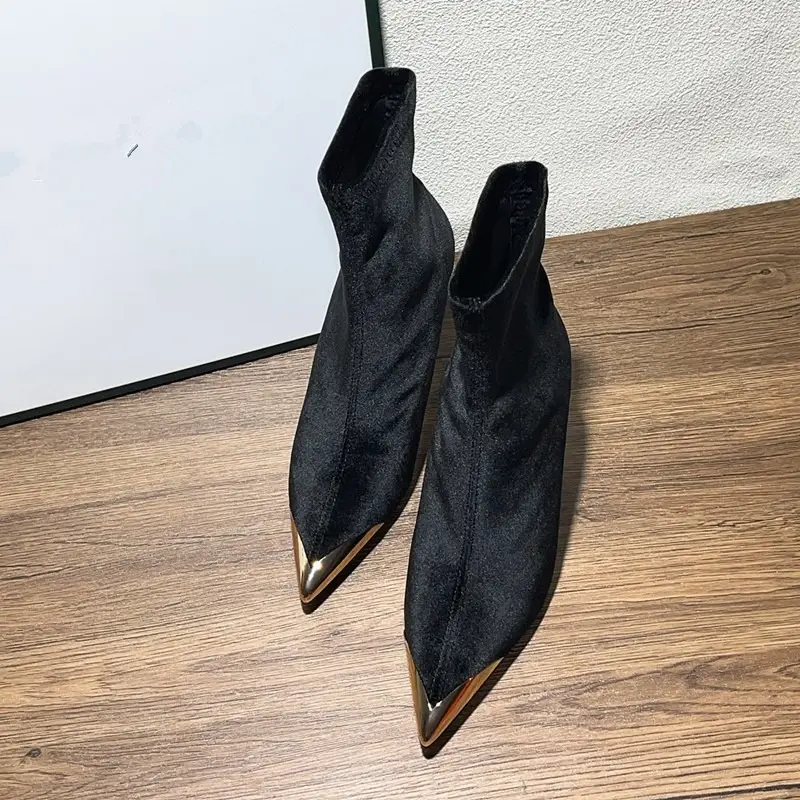 Stretch Boots Autumn New Metallic Pointed Toe Suede Cover Foot Non-Slip Wear-Resistant Slim Follower Boots