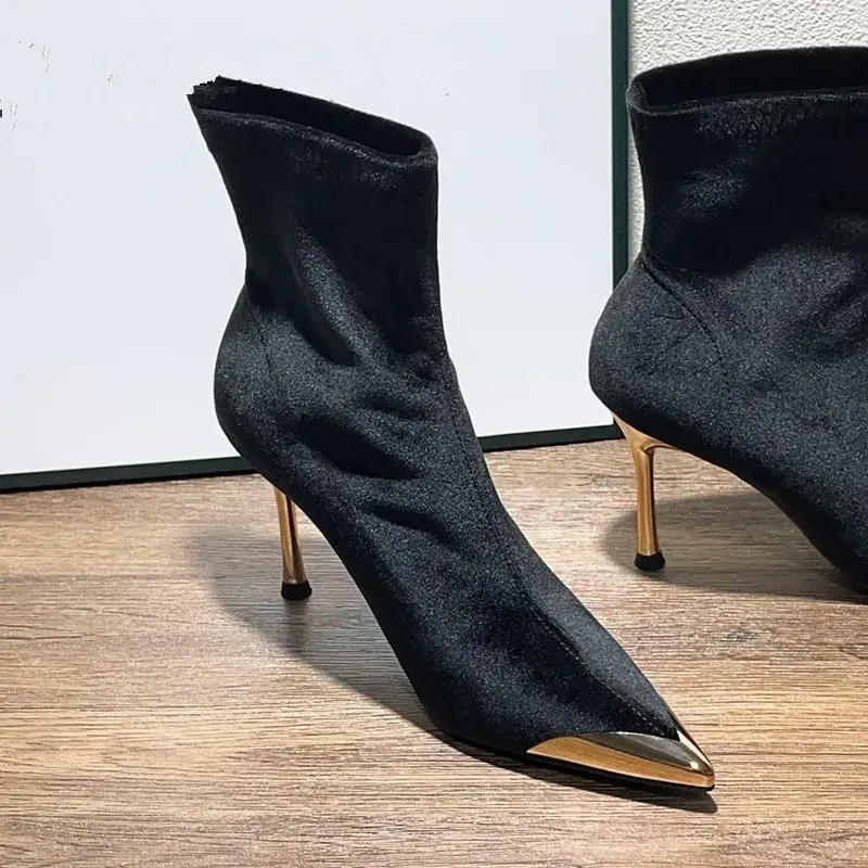 Stretch Boots Autumn New Metallic Pointed Toe Suede Cover Foot Non-Slip Wear-Resistant Slim Follower Boots