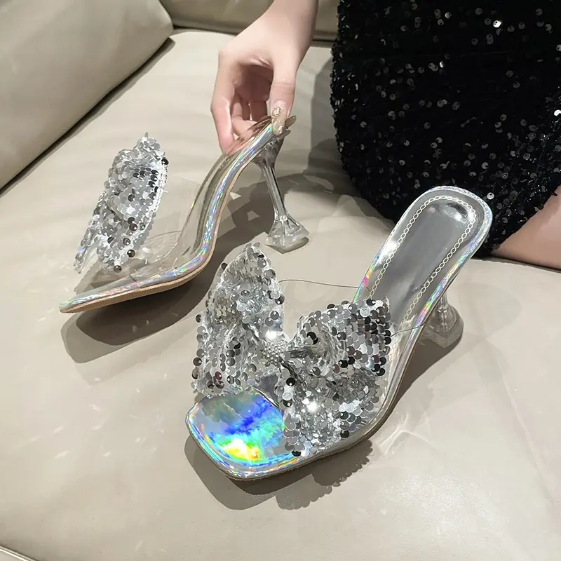 Slippers Women Transparent High Heel Sexy Colorful Rhinestone Bow Outside Wear Spring New Stiletto Fashion Shoes